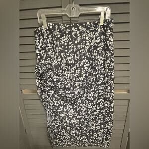 Black and White Floral Midi Skirt with Side Ruching Adjustable Tie Slit Size XL